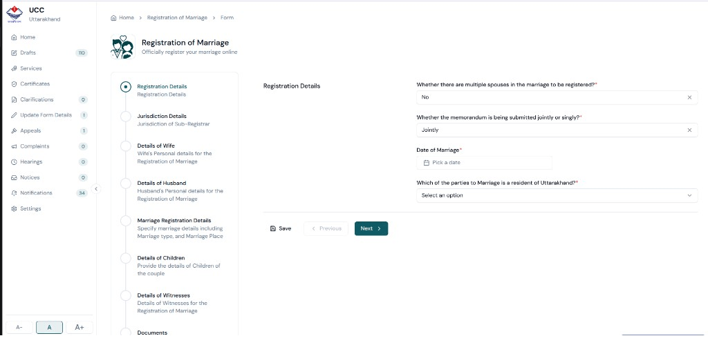 UCC Registration of Marriage form with a vertical progress stepper and plain-language fields