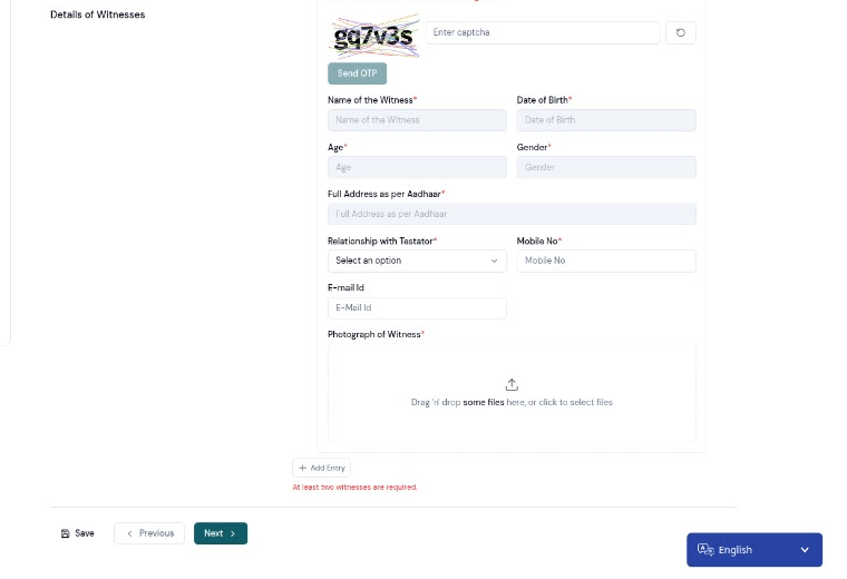 Witness entry form with Aadhaar e-KYC and personal details fields